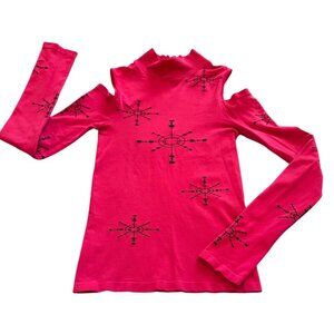 Bebe Pink Turtleneck Cutout Shoulder Long Sleeve Top W/Black Embroidery P/S